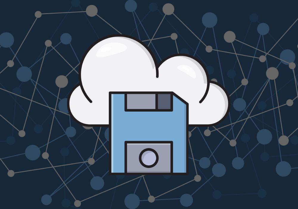illustration of of a floppy disk and digital cloud