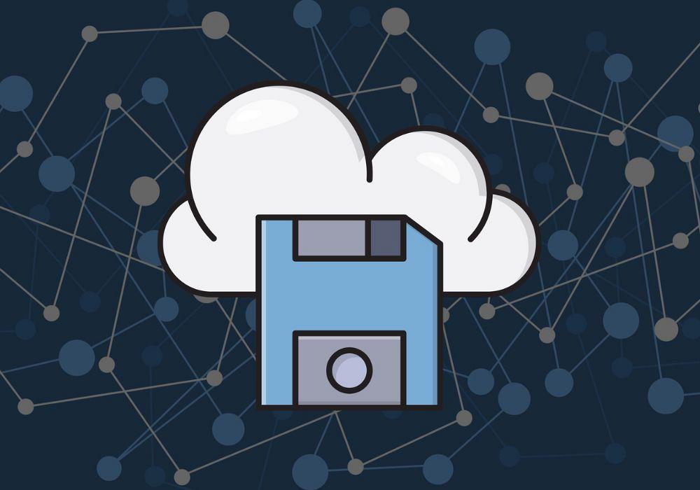 illustration of of a floppy disk and digital cloud