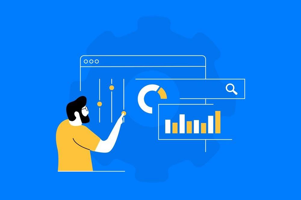 Search Engine Optimization - SEO digital marketing. Business finance investment planning strategy. Seo web report dashboard monitor. Modern outline linear illustration isolated on blue background.