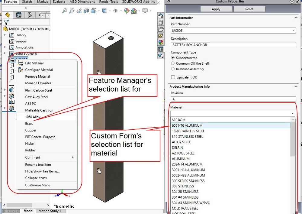 The custom material list is redundant with the system’s material list.