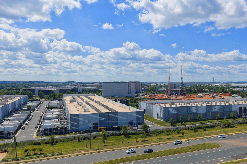 An aerial shot of a data center in Ashburn, Va., is shown.