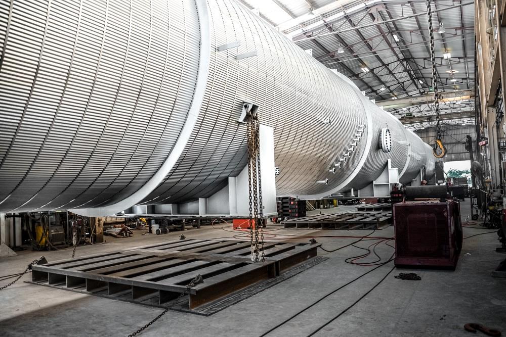 The large pressure vessel comprised three large fabricated sections.