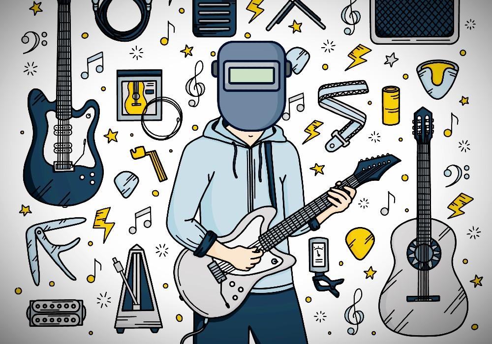 An illustration of a welder playing a guitar