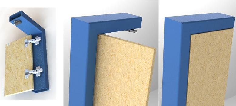 A CAD model of a hinged door is shown.