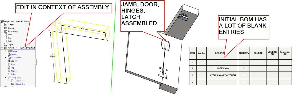 A sketch that dimensions a door jamb and a preliminary BOM table are shown.