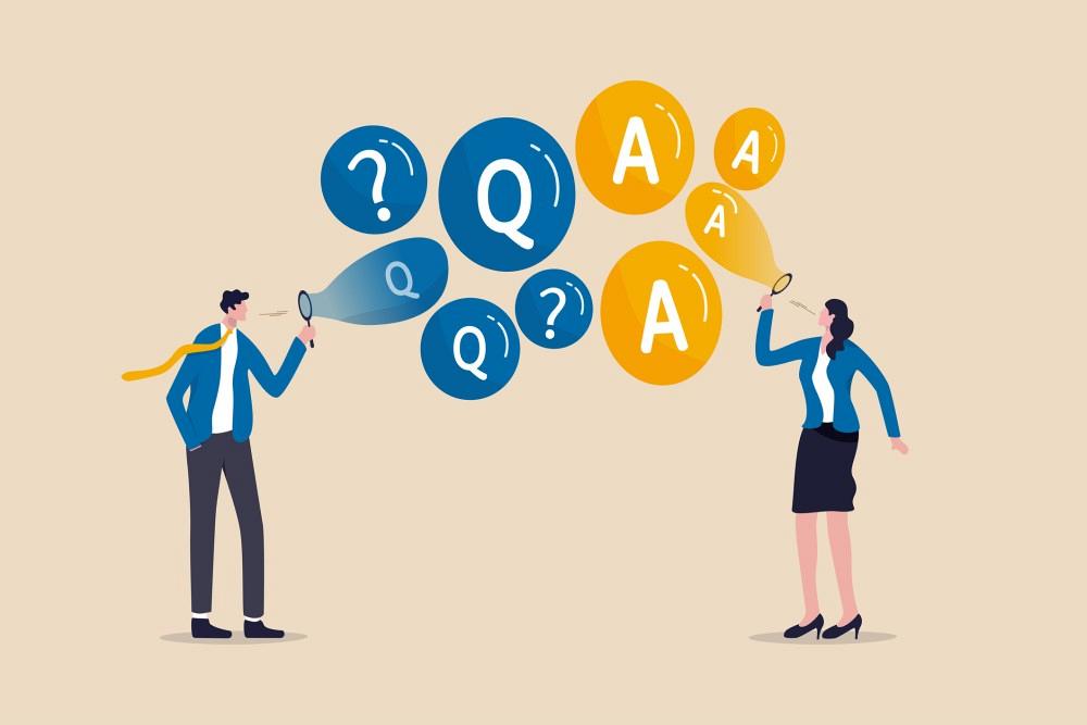  frequently asked questions, discussion or questions and answers to get solution on any problems concept, smart businessman and businesswoman blow flying bubbles with Q and A, question mark sign.