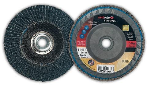 Weldcote’s Z-Prime and Z-Solid flap discs feature polycotton backing with zirconia grain
