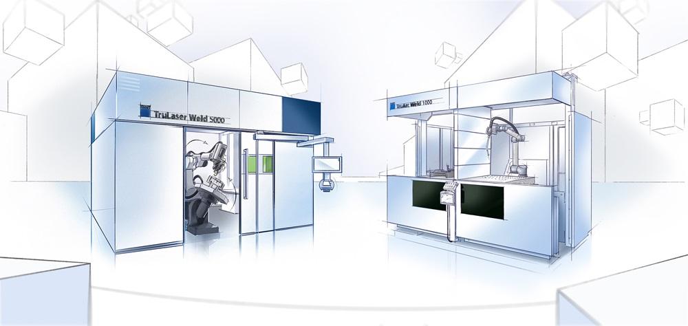 Drawings of a laser welding cell and arc welding cell.