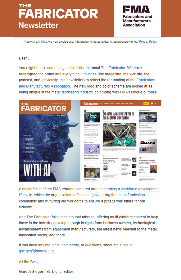 The Fabricator Newsletter Cover
